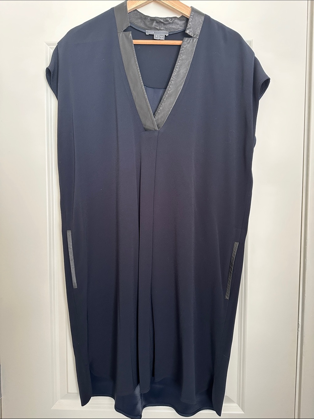 Vince Navy Shift Dress with Leather Trim